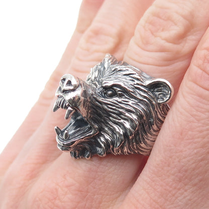 925 Sterling Silver Vintage Grizzly Bear Oxidized Ring Size 10