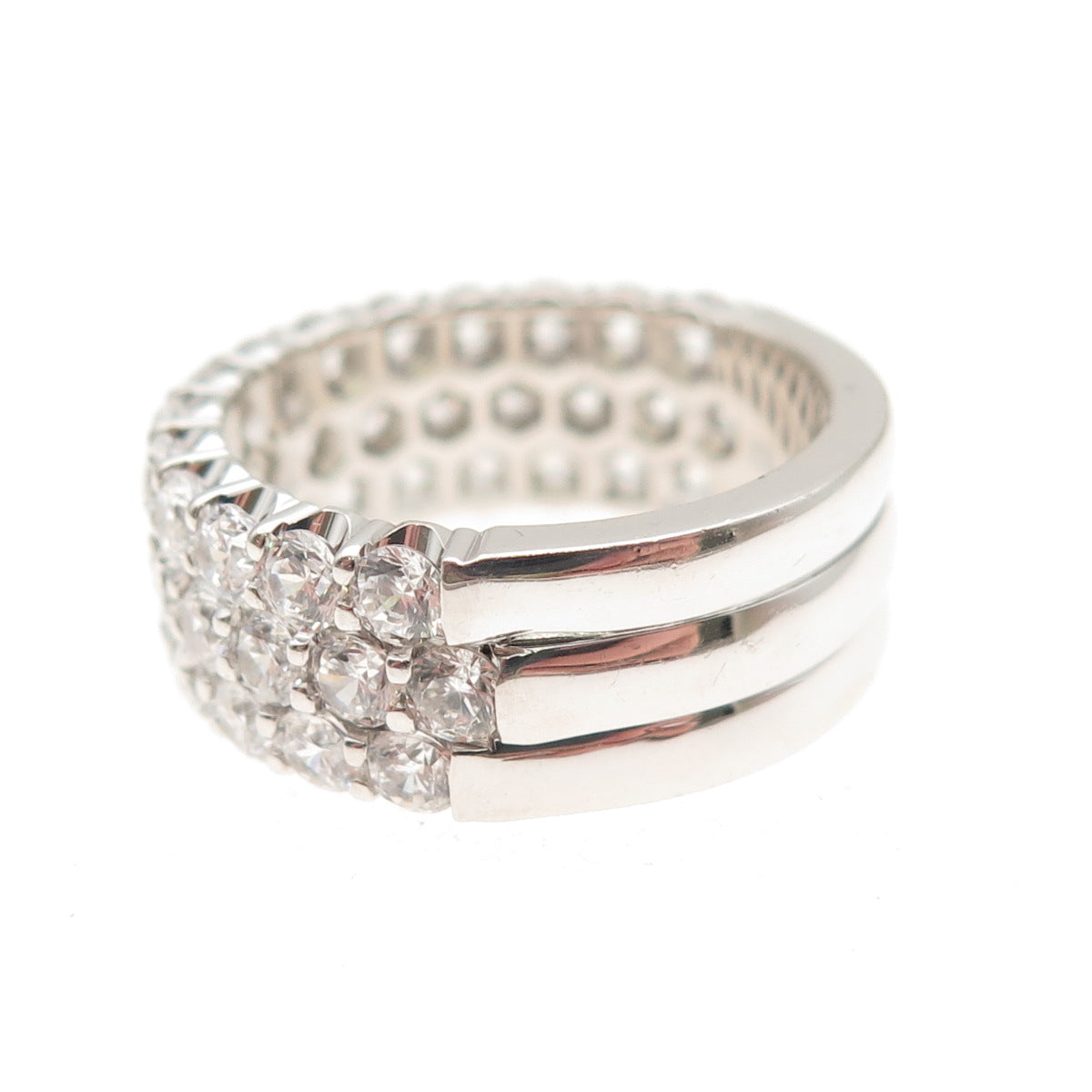 925 Sterling Silver Round-Cut C Z 3-Row Band Ring Size 7.25