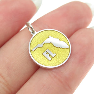 925 Sterling Silver Yellow Enamel Florida State Map Minimalist Charm Pendant
