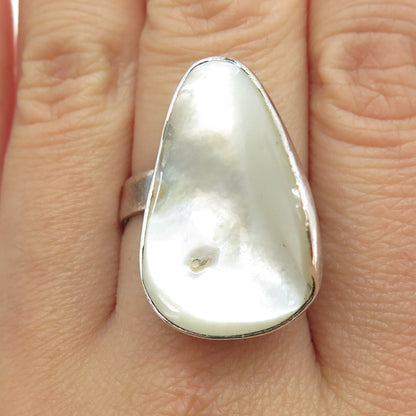 925 Sterling Silver Vintage Real Mother-of-Pearl Statement Ring Size 8.25