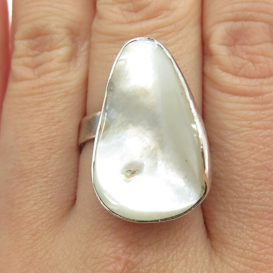 925 Sterling Silver Vintage Real Mother-of-Pearl Statement Ring Size 8.25