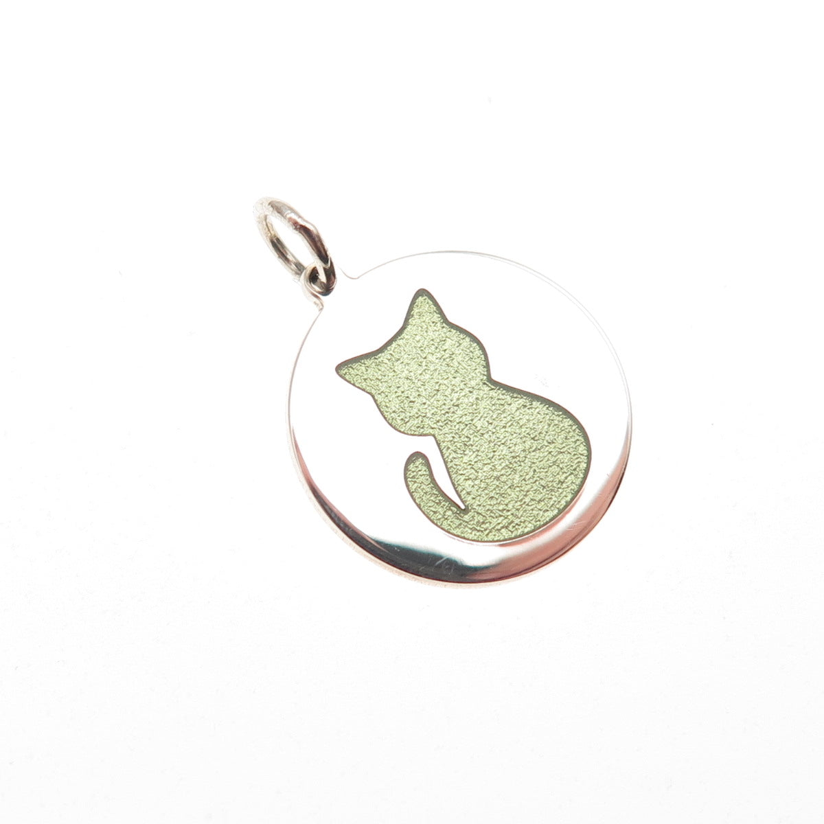 925 Sterling Silver Green Enamel Cat Round Tag Mini Charm Pendant