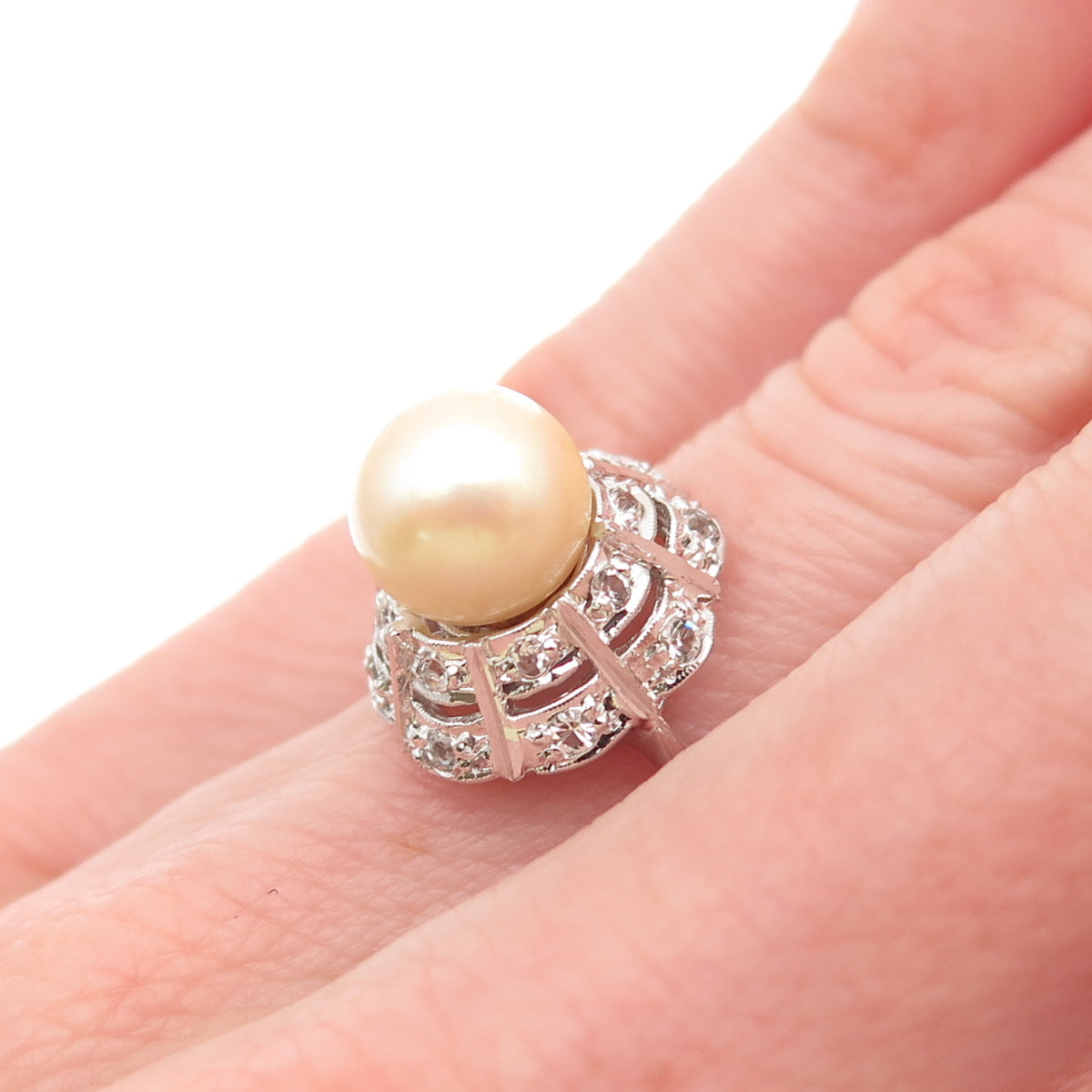925 Sterling Silver Faux Pearl & Rhinestone Ring Size 5.75