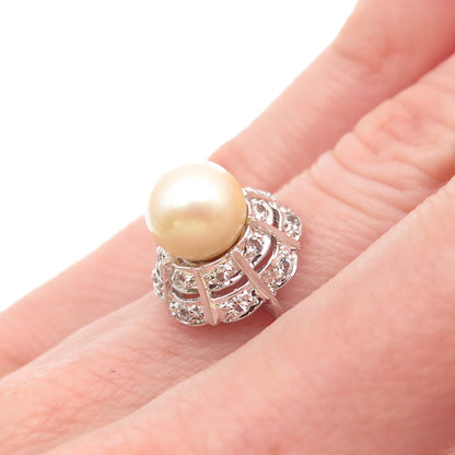 925 Sterling Silver Faux Pearl & Rhinestone Ring Size 5.75