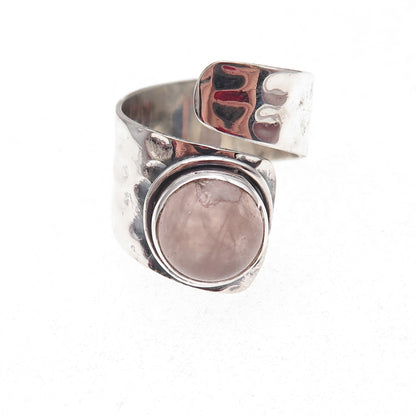 925 Sterling Silver Vintage Real Rose Quartz Hammered Adjustable Ring Size 7.5