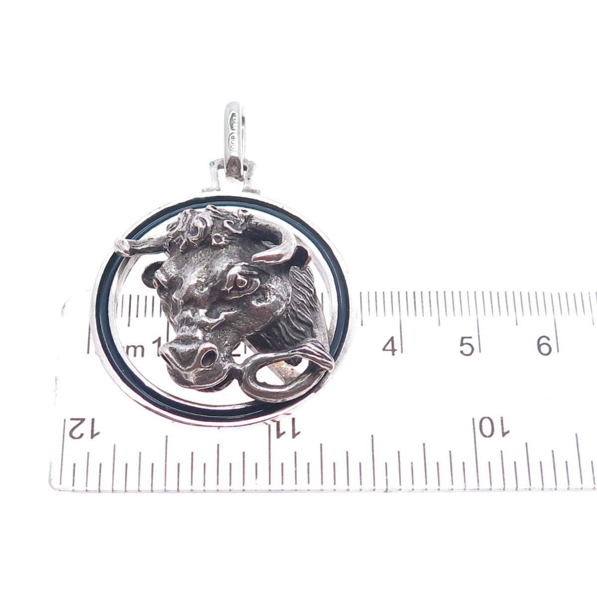 800 Silver Antique Art Deco Italy Enamel Taurus Zodiac Oxidized Charm Pendant