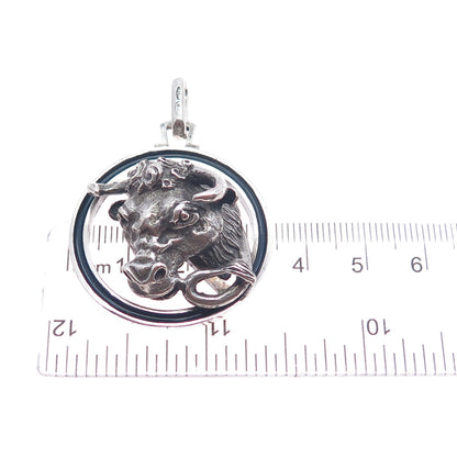 800 Silver Antique Art Deco Italy Enamel Taurus Zodiac Oxidized Charm Pendant