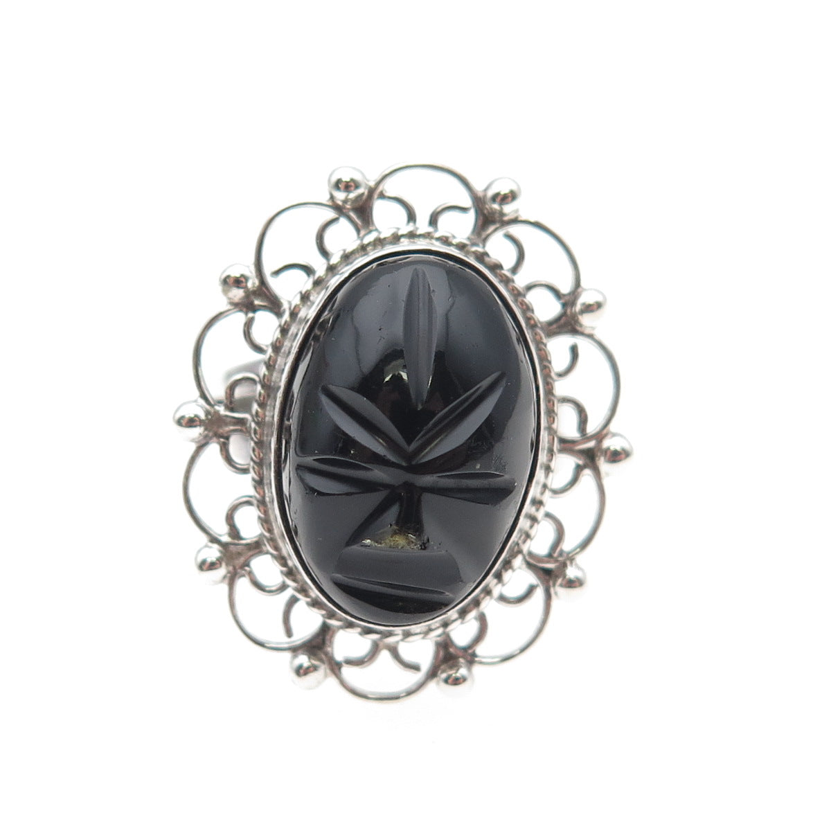 925 Sterling Silver Vintage Mexico Real Black Onyx Aztec God Ring Size 7.5