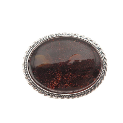 925 Sterling Silver Vintage Real Cabochon Amber Pin Brooch