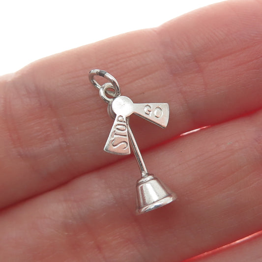 925 Sterling Silver Antique Stop & Go Train Tracks Sign Minimalist 3D Pendant