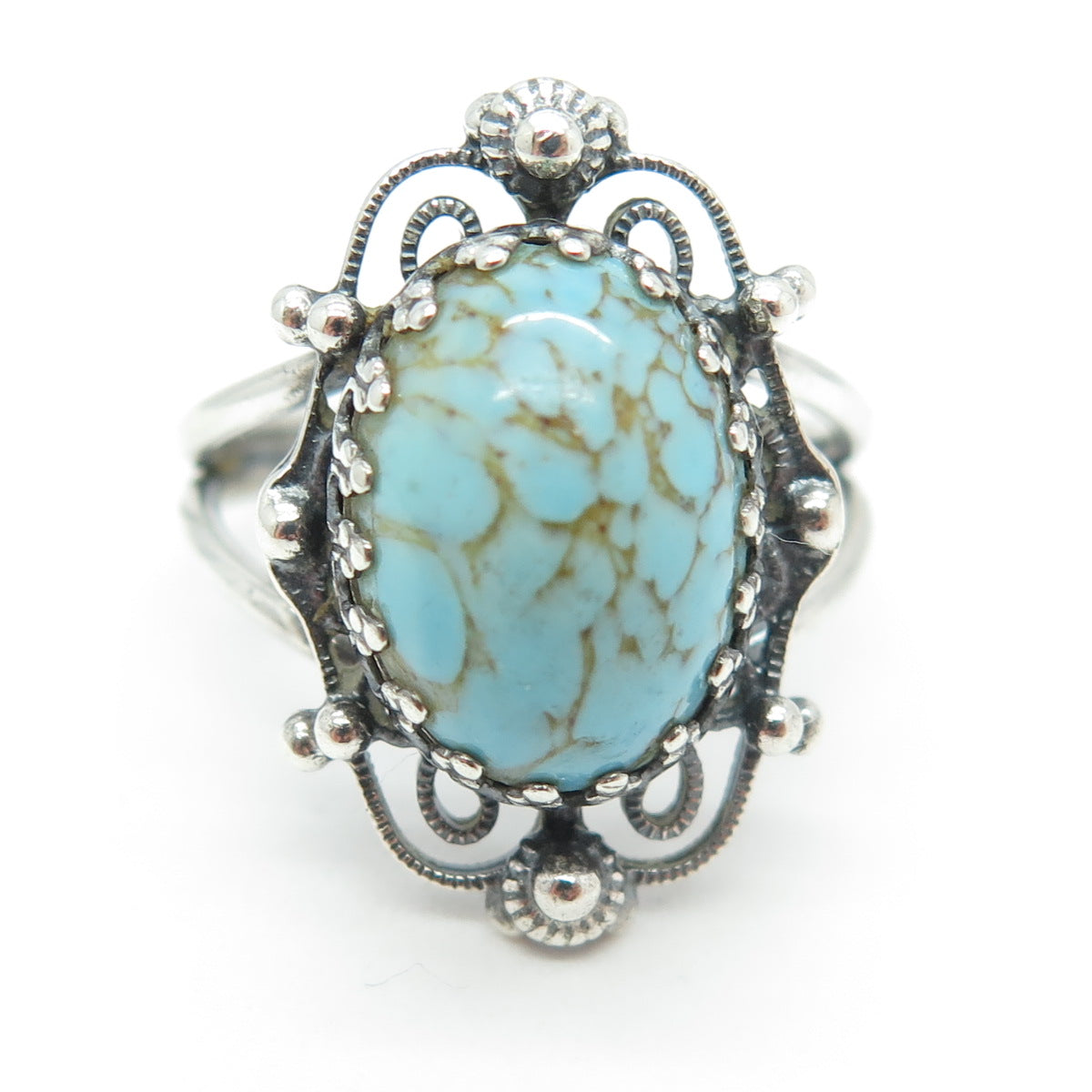 925 Sterling Silver Antique Art Deco Faux Turquoise Cannetille Ring Size 7.5