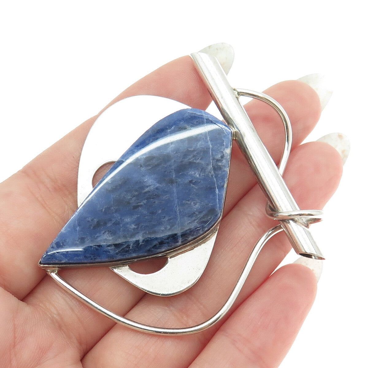 925 Sterling Silver Vintage Real Sodalite Modernist Slide Pendant / Pin Brooch