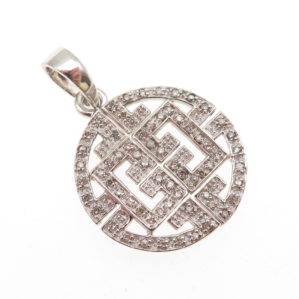 925 Sterling Silver Real Round-Cut Diamond Greek Key Charm Pendant