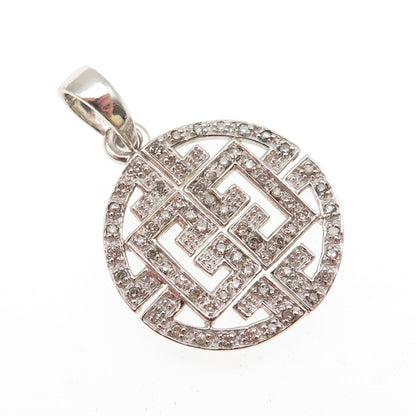 925 Sterling Silver Real Round-Cut Diamond Greek Key Charm Pendant