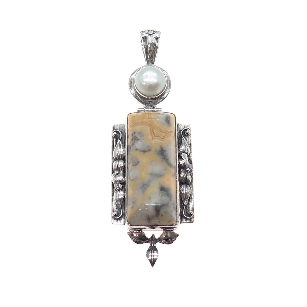 AF DESIGN 925 Sterling Silver Vintage Real Jasper & Pearl Modernist Pendant