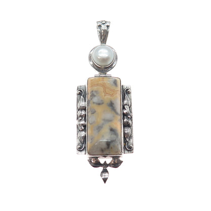 AF DESIGN 925 Sterling Silver Vintage Real Jasper & Pearl Modernist Pendant