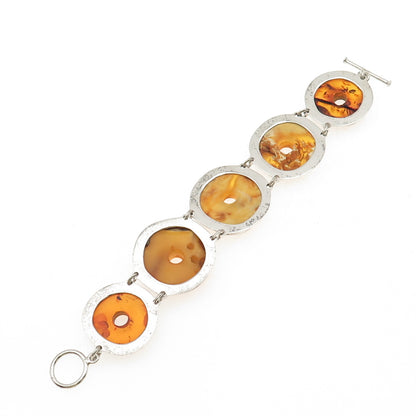 925 Sterling Silver Vintage Real Butterscotch Amber Modernist Bracelet 7"