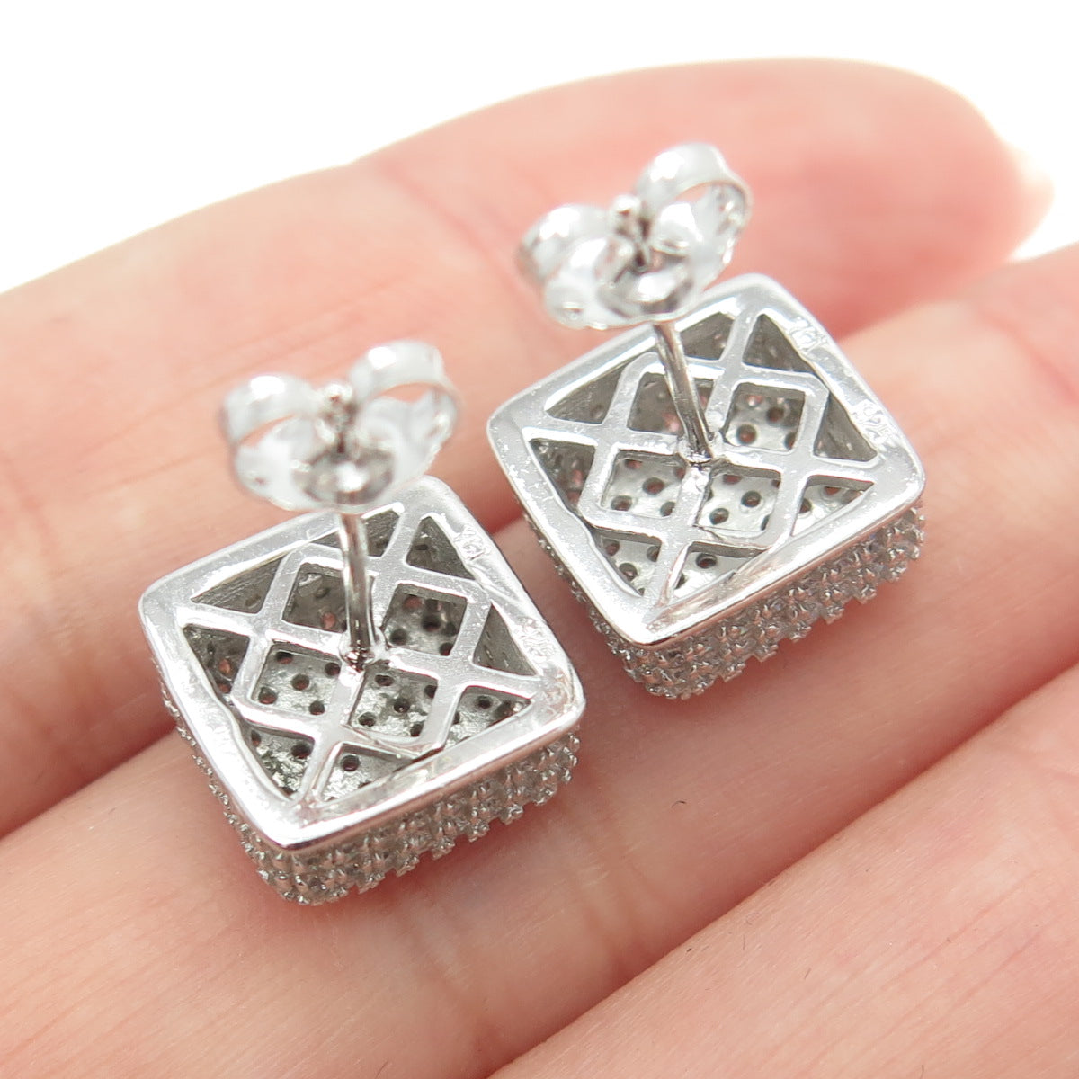 925 Sterling Silver Pave C Z Square Stud Earrings