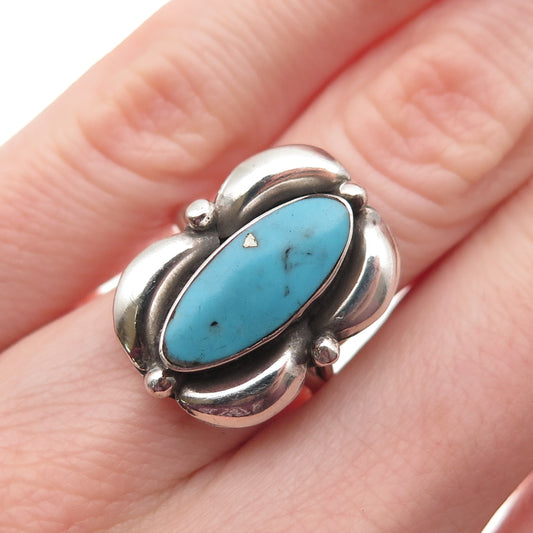 925 Sterling Silver Vintage Mexico Real Turquoise Modernist Oxidized Ring Size 6