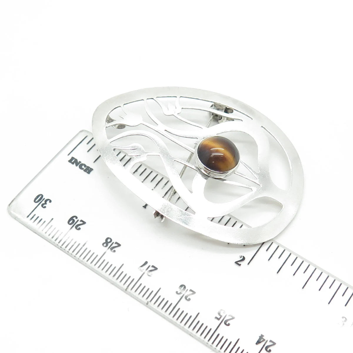925 Sterling Silver Vintage Israel Real Tiger's Eye Floral Pin Brooch