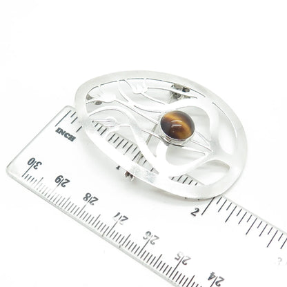 925 Sterling Silver Vintage Israel Real Tiger's Eye Floral Pin Brooch