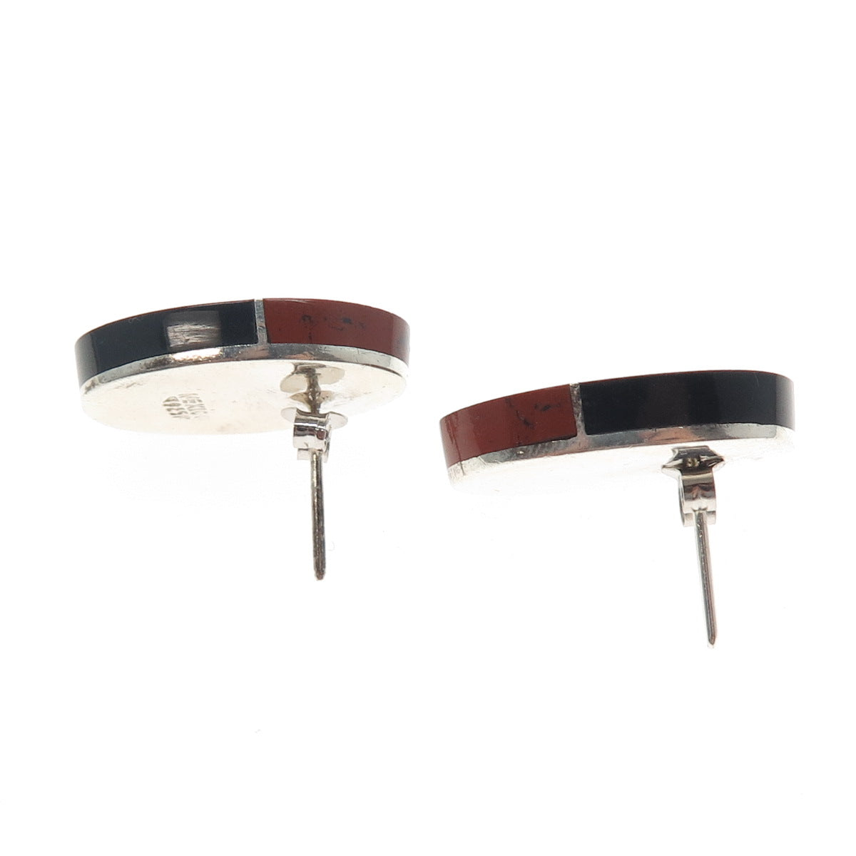 925 Sterling Silver Vintage Mexico Real Red Jasper Black Onyx Modernist Earrings
