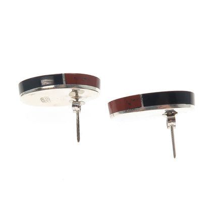 925 Sterling Silver Vintage Mexico Real Red Jasper Black Onyx Modernist Earrings