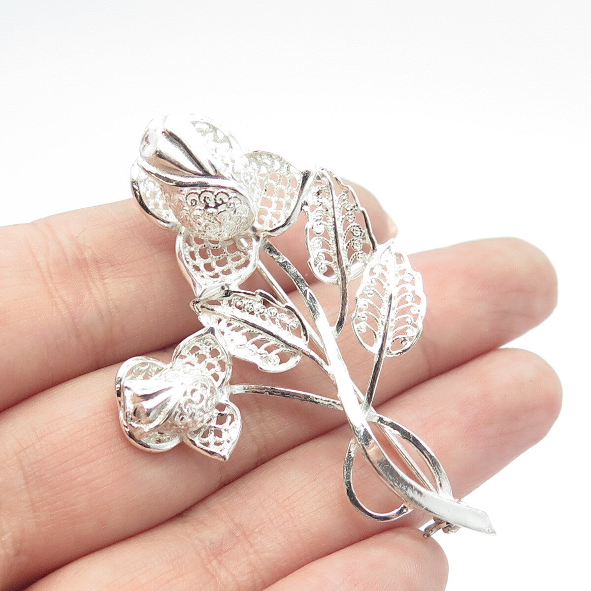 925 Sterling Silver Vintage Germany Twig Leaf Ornate Pin Brooch