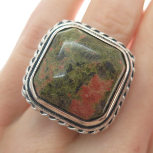 925 Sterling Silver Vintage Real Unakite Twisted Bezel Oxidized Ring Size 8