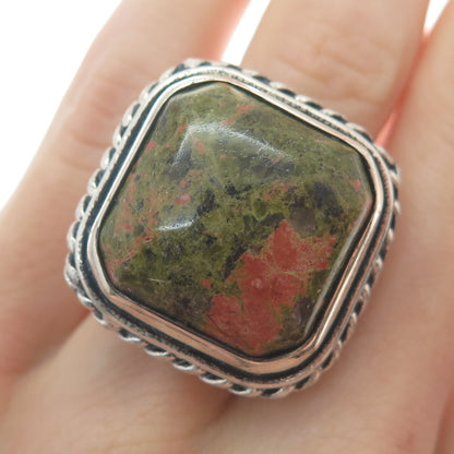 925 Sterling Silver Vintage Real Unakite Twisted Bezel Oxidized Ring Size 8