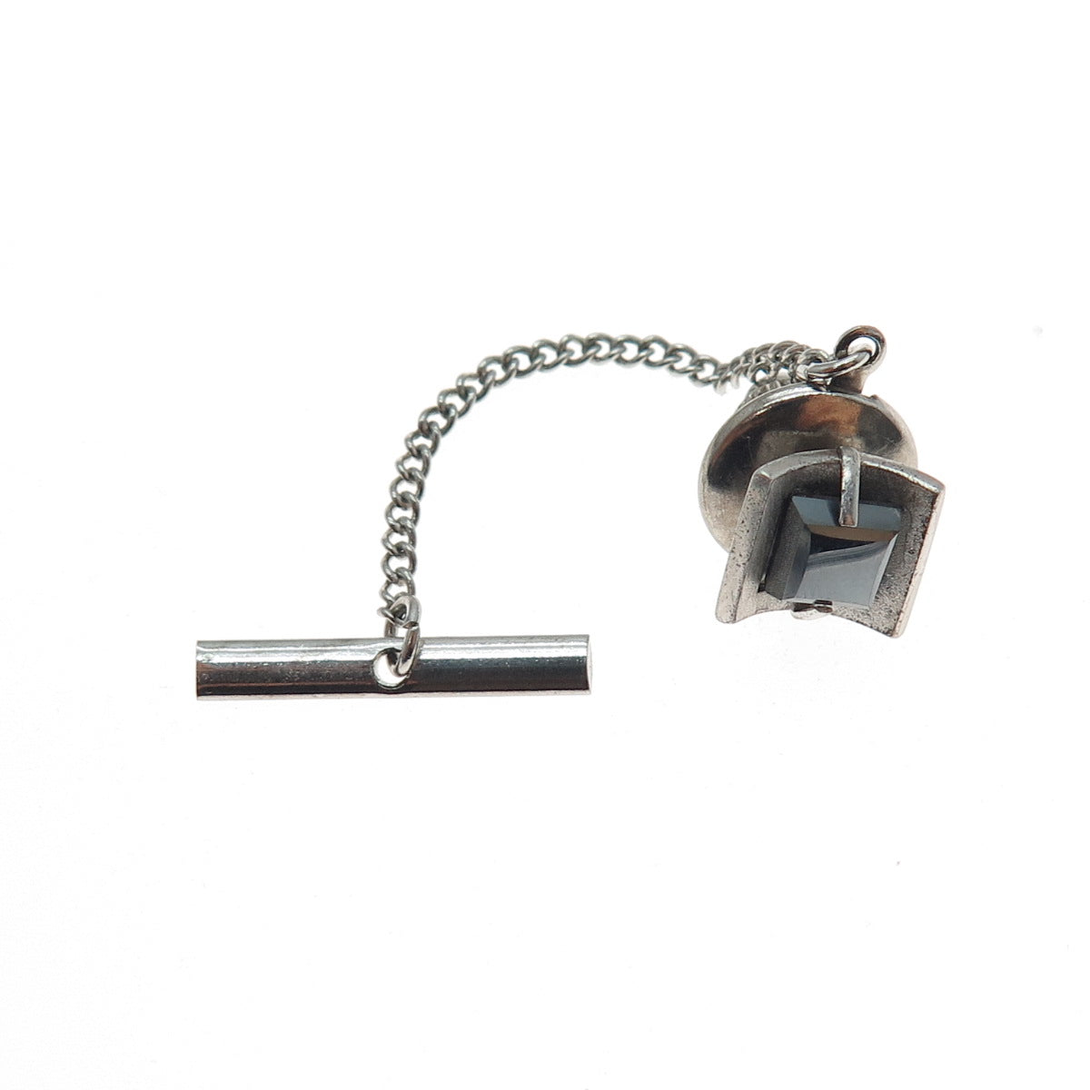 CROWN 925 Sterling Silver Vintage Real Hematite Safety Chain Tie Tack Lapel Pin