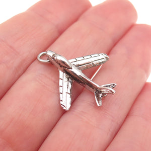 925 Sterling Silver Vintage Airplane Oxidized 3D Charm Pendant