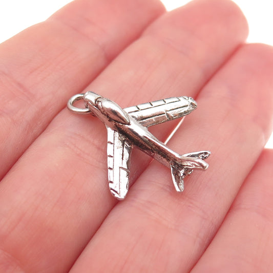 925 Sterling Silver Vintage Airplane Oxidized 3D Charm Pendant