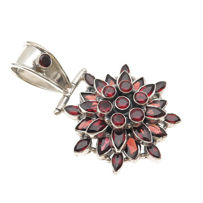 925 Sterling Silver Vintage Real Red Garnet Floral Cluster Pendant
