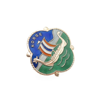 OF Hjortdahl 925S Sterling Gold Plated Vintage Norway Enamel Viking Ship Brooch