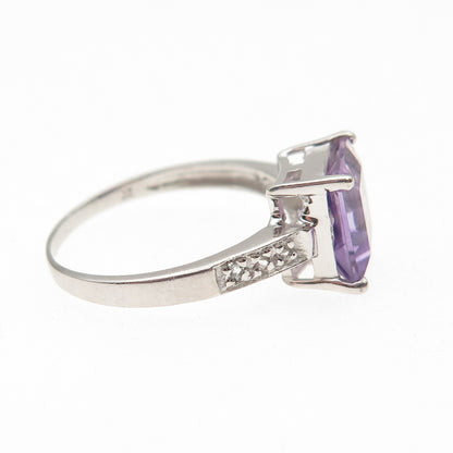 925 Sterling Silver Real Amethyst & White Topaz Ring Size 7