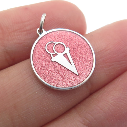 925 Sterling Silver Rose Enamel Ice Cream Round Cut Minimalist Charm Pendant