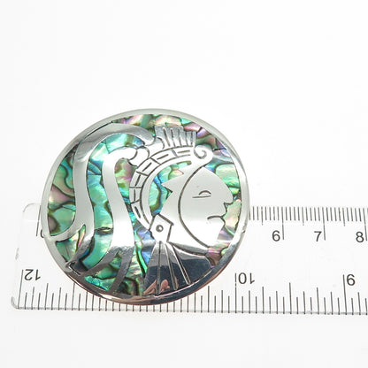 925 Sterling Silver Vintage Mexico Real Abalone Shell Warrior Pin Brooch Pendant