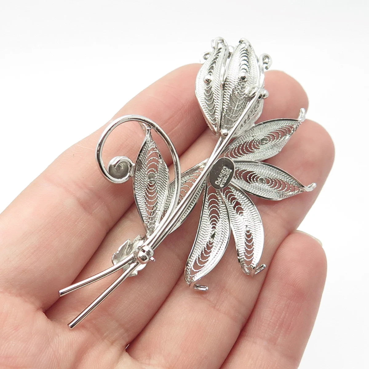 925 Sterling Silver Vintage CAMEO Filigree Floral Pin Brooch