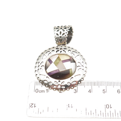 Carolyn Pollack 925 Sterling Vintage Real Turquoise Sugilite MOP Mosaic Pendant