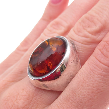 925 Sterling Silver Vintage Real Amber Modernist Oxidized Ring Size 9.25