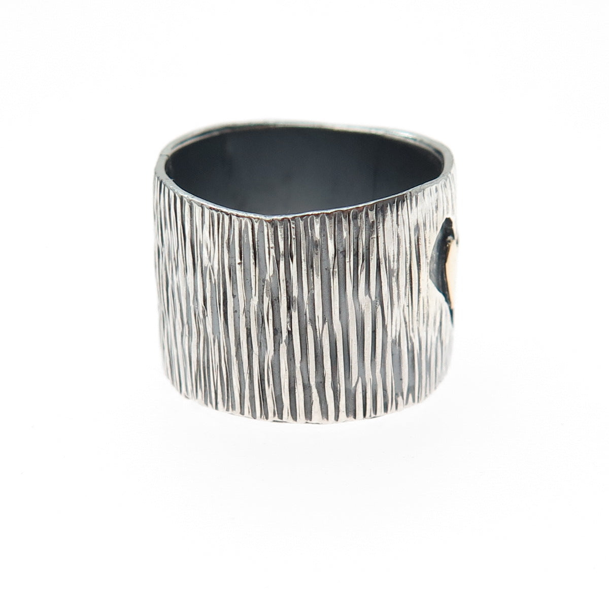 925 Sterling Silver & 14K Gold Vintage Modernist Heart Oxidized Ring Size 6.75