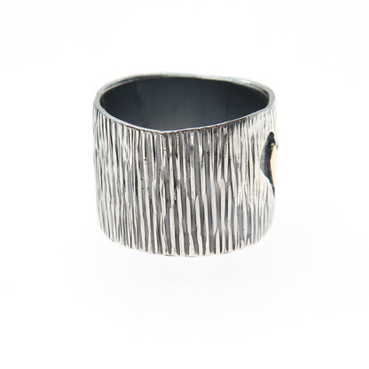 925 Sterling Silver & 14K Gold Vintage Modernist Heart Oxidized Ring Size 6.75