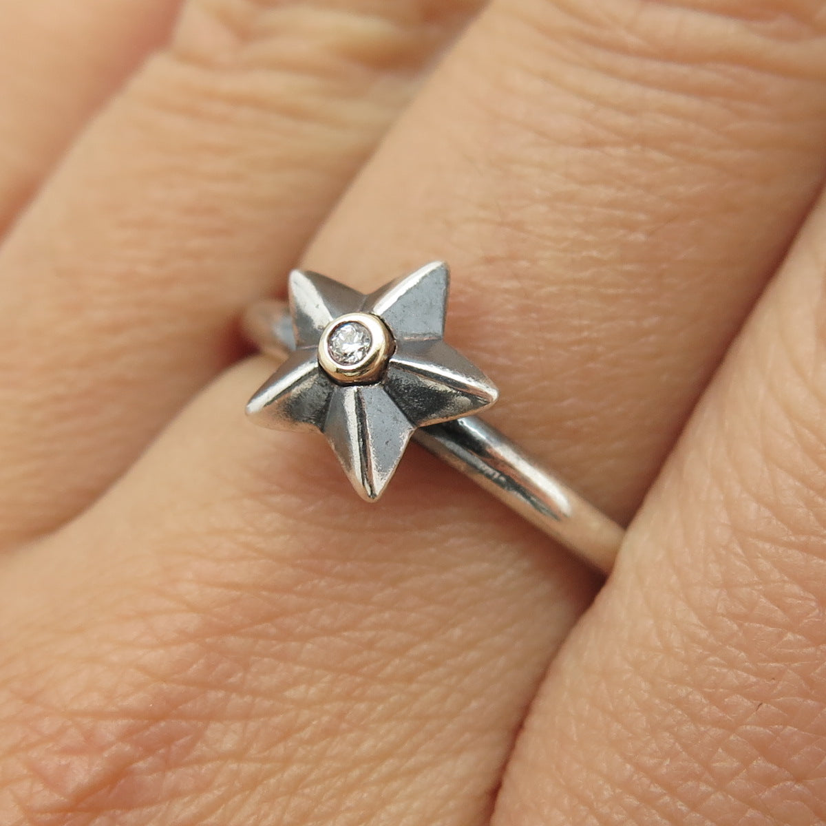 PANDORA 925 Sterling Silver / 14K Real White Diamond Stella Star Ring Size 7.75