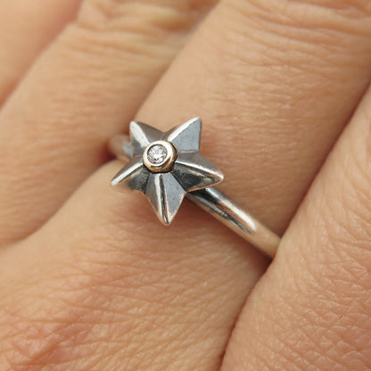 PANDORA 925 Sterling Silver / 14K Real White Diamond Stella Star Ring Size 7.75