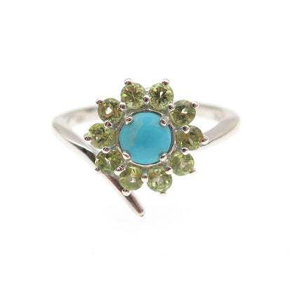 Chuck Clemency 925 Sterling Silver Real Turquoise Peridot Floral Ring Size 8.25