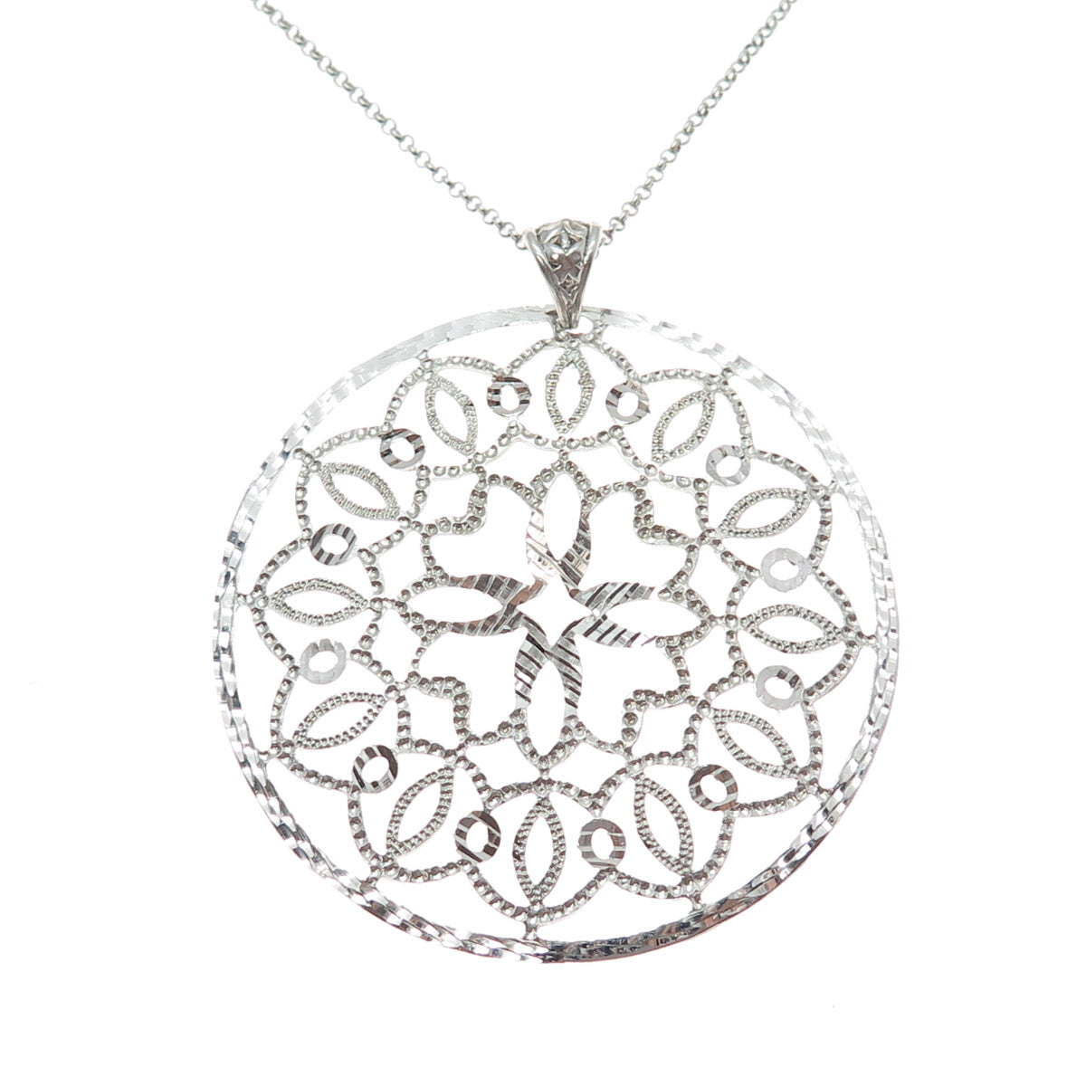 925 Sterling Silver Vintage Diamond-Cut Flower Pendant Rolo Chain Necklace 16"