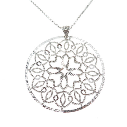 925 Sterling Silver Vintage Diamond-Cut Flower Pendant Rolo Chain Necklace 16"