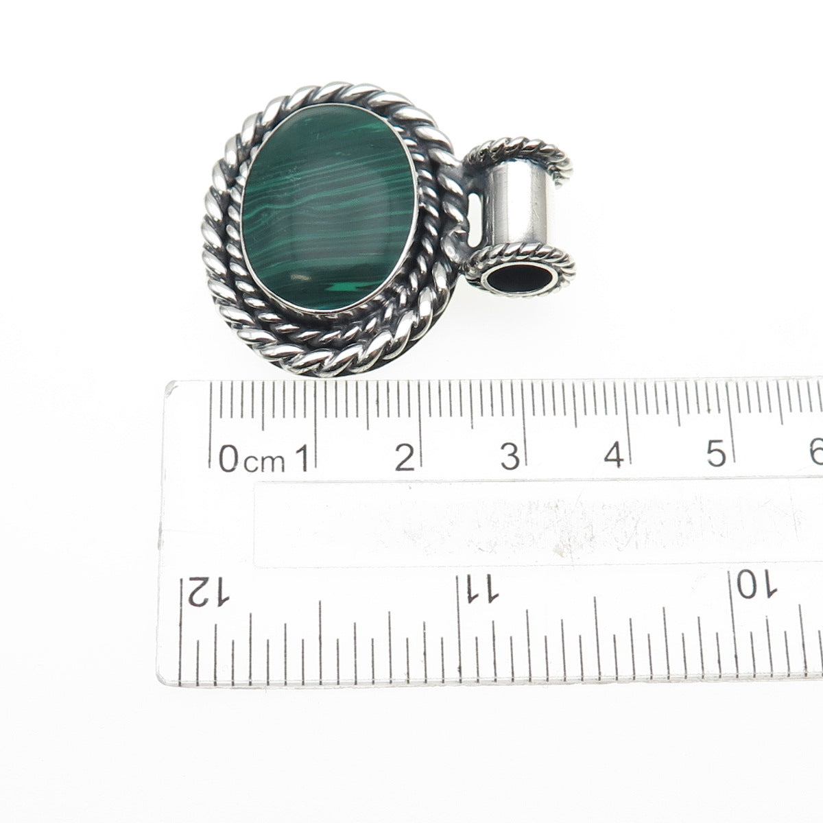925 Sterling Silver Vintage Mexico Real Malachite Oxidized Slide Pendant