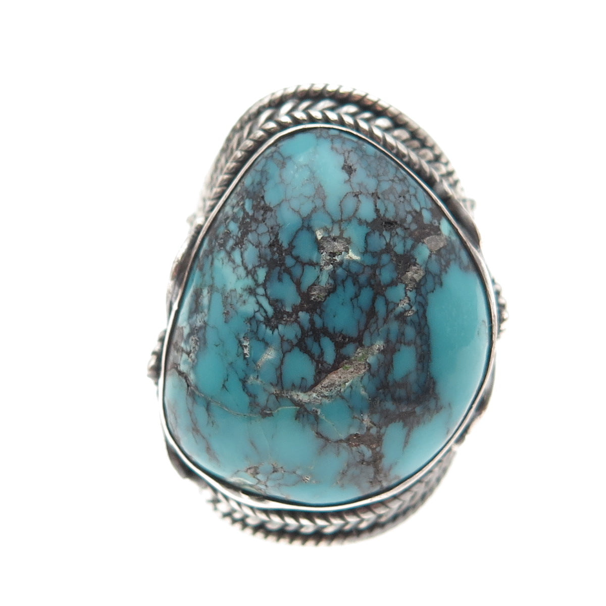 925 Sterling Silver Vintage Real Peacock Turquoise Oxidized Ring Size 8.75